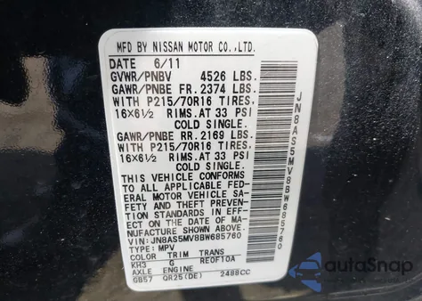 2011 Nissan Rogue S из США, поврежденный, VIN JN8AS5MV8BW685760